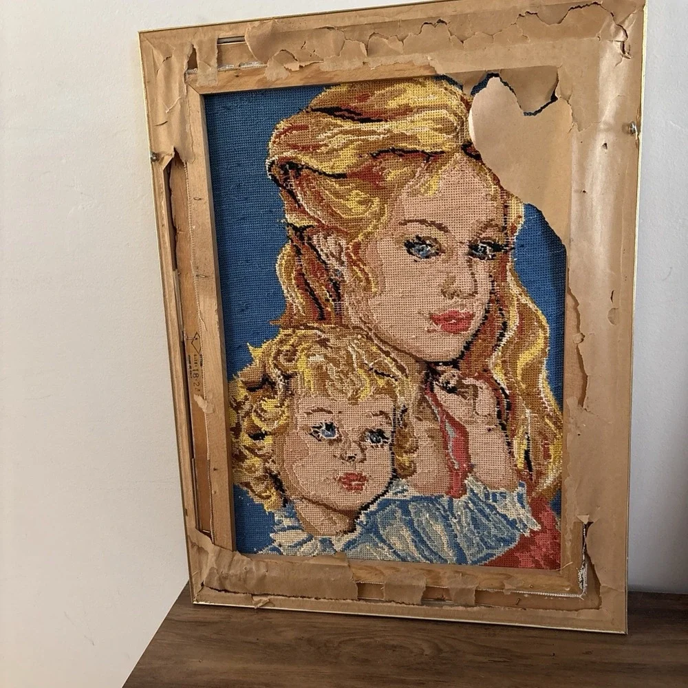 Mother and child Needlepoint Tapestry Framed Blonde Blue Eyes 18x23